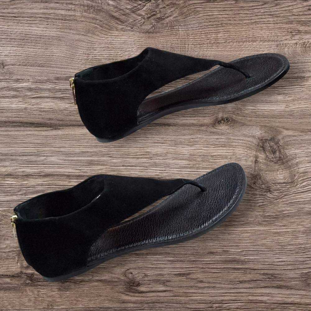 Tory Burch Black Leather Gladiator Heel Zipper Flat Thong Sandals Women Size 7.5 - Picture 6 of 16